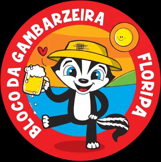 Selo do Bloco da Gambarzeira: o gambá de chapéu de palha erguendo um chopp, sobre fundo vermelho com o nome do bloco em arco.